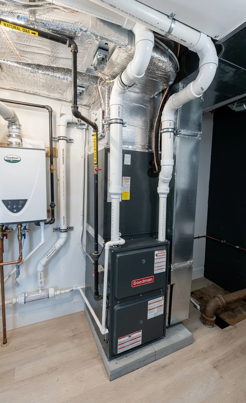 A gas furnace installed in a finished mechanical room with new ductwork, venting, and gas piping