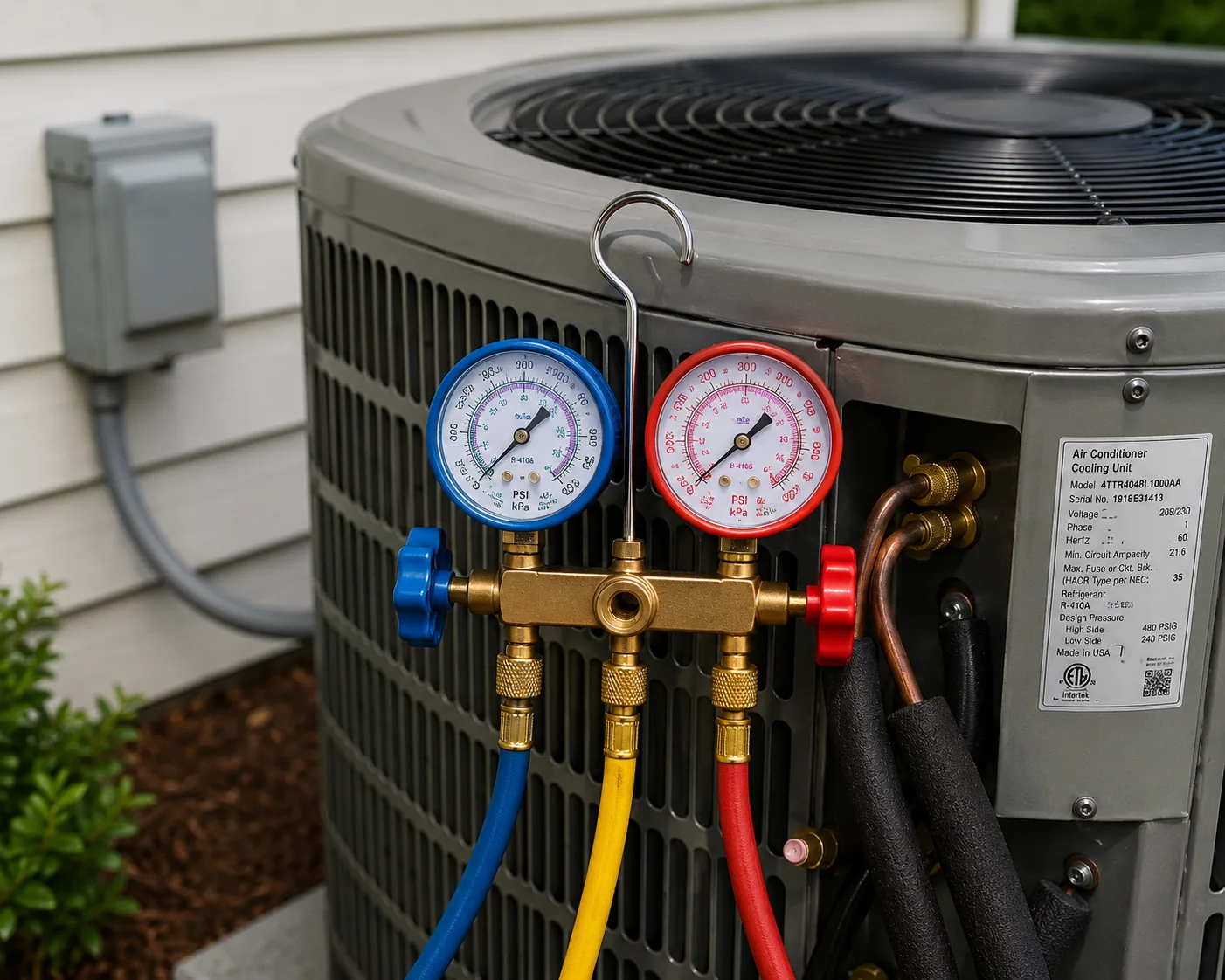 Manifold gauges connected to an outdoor condenser during a seasonal tune-up