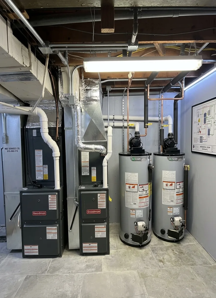 Two furnaces installed side by side in a basement mechanical room alongside two water heaters