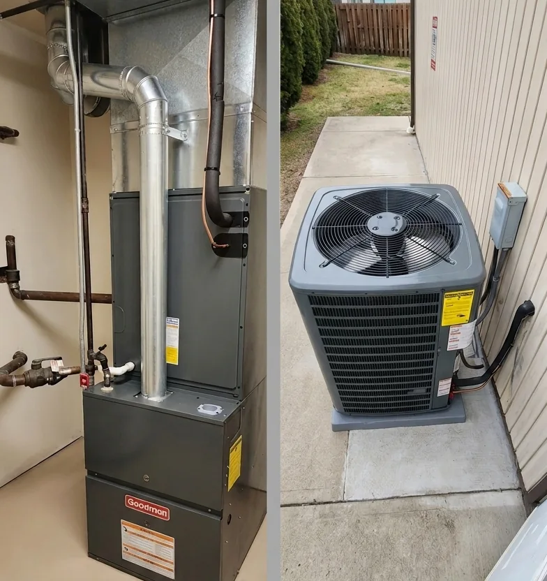 A furnace with new venting indoors, and the matching outdoor condenser it runs with
