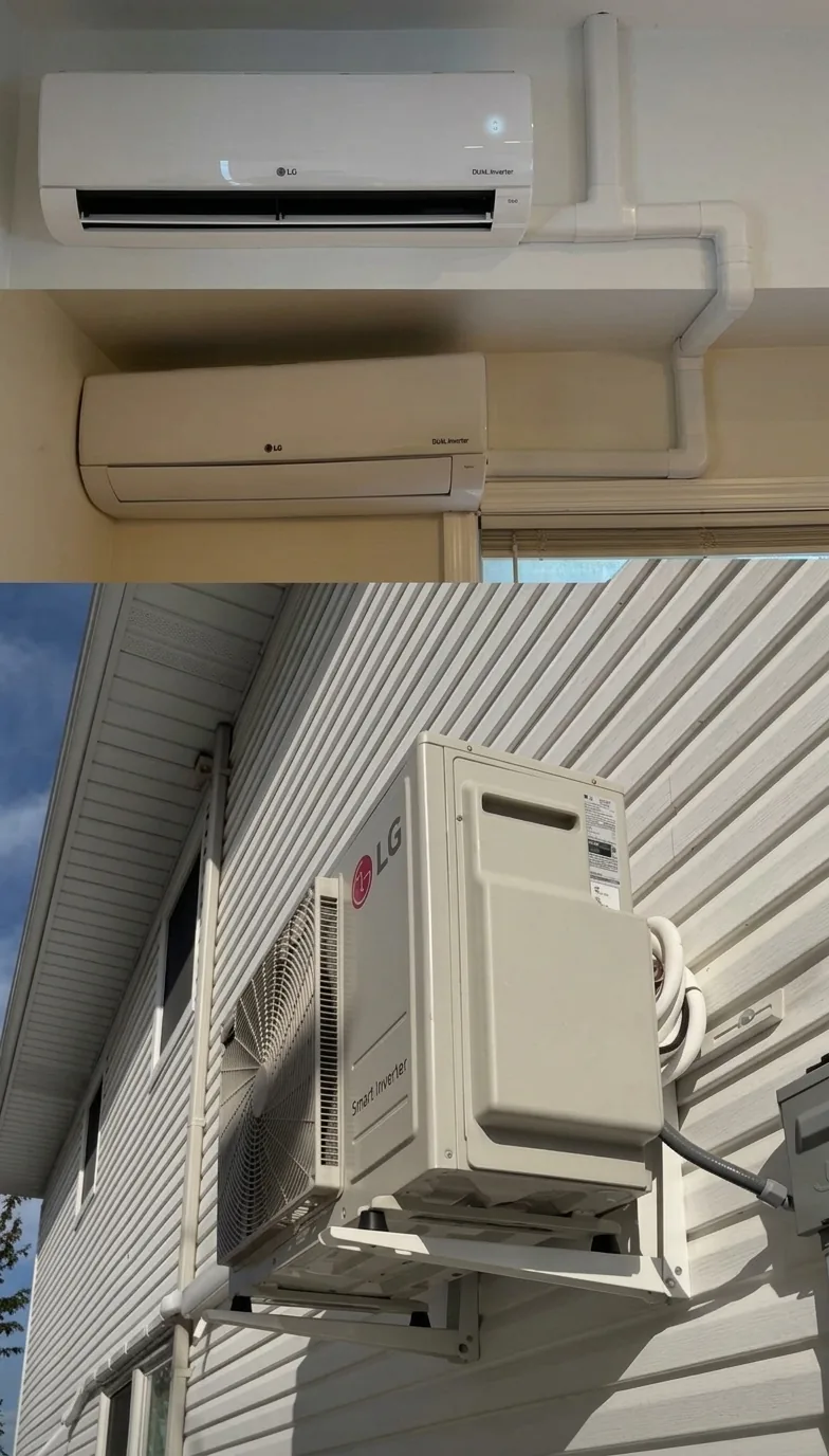 A ductless installation &mdash; the indoor wall unit above, its outdoor condenser below