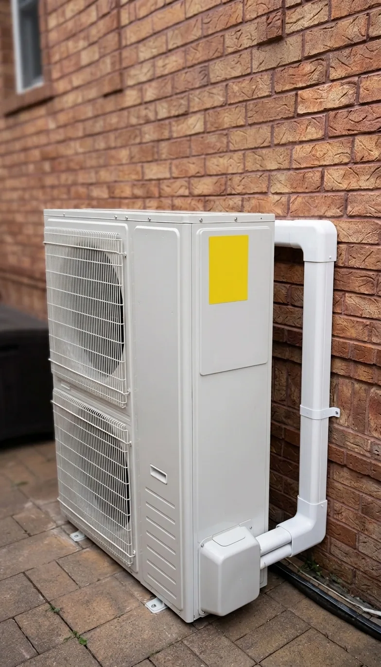 An outdoor heat pump condenser with line set cover, mounted against a brick wall